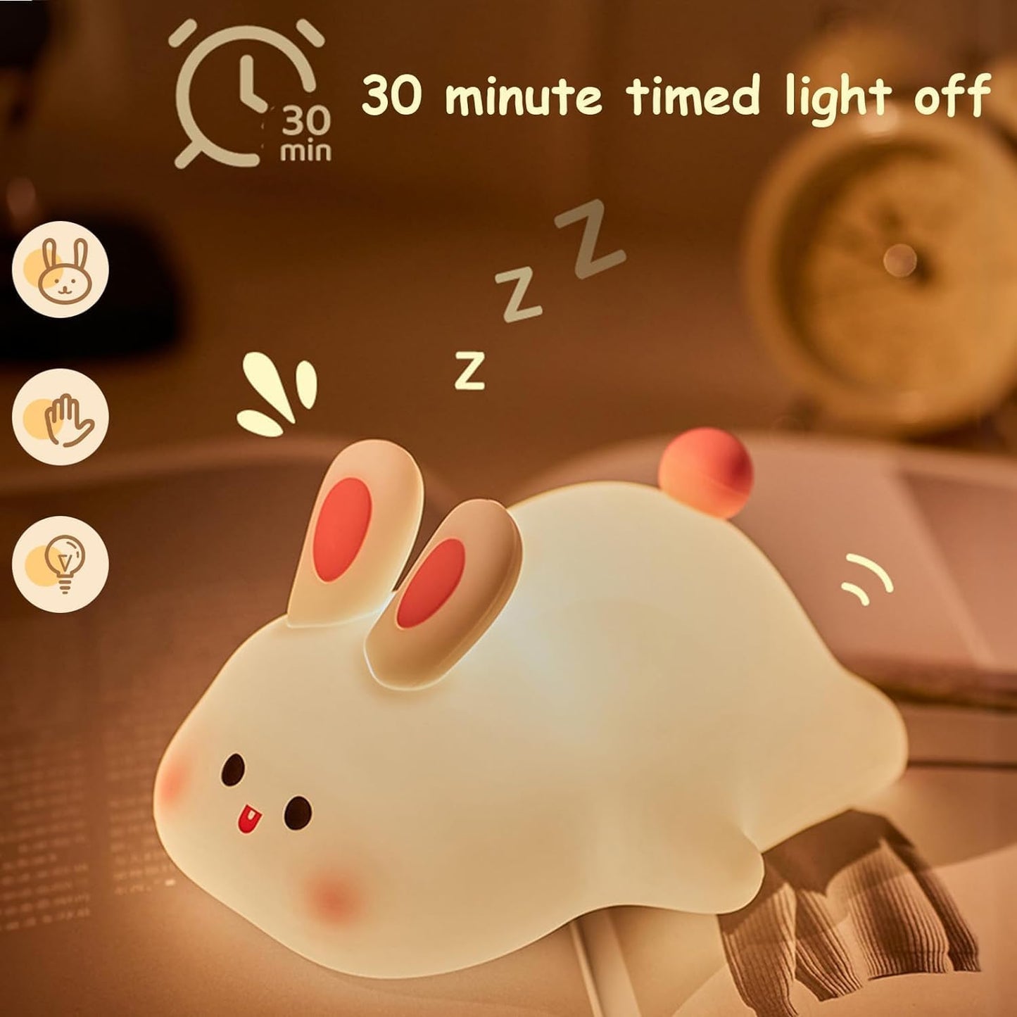 Cute Little Rabbit Silicone Night Lamp, Rechargeable Touch LED Bedside Light for Kids Bedroom, Romantic Decor, Baby Gift