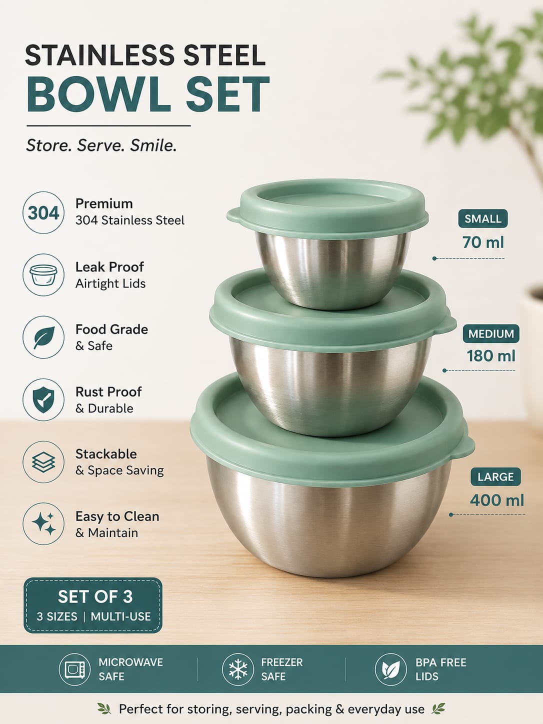 Apex Miny Steel Container Set Mixing Bowls with Lids for Kitchen (3 Pc Set)