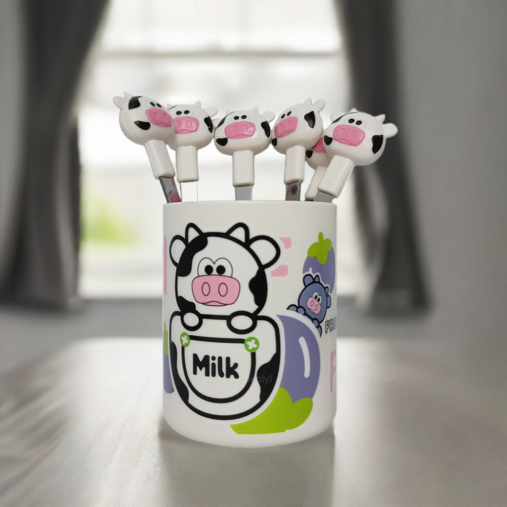 Cartoon Animal Stainless Steel Fruit Fork for kids with holder - Set of 6 Forks