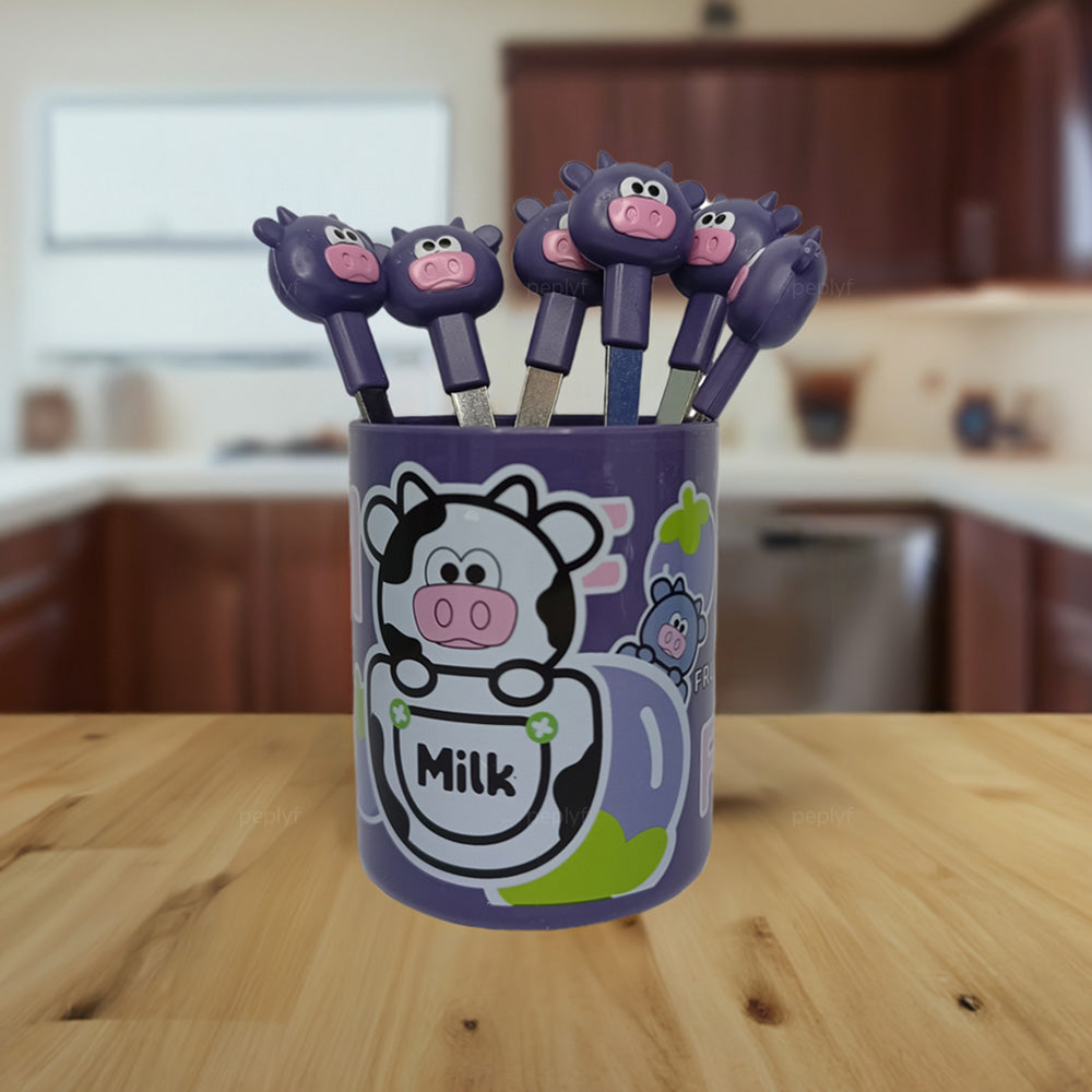 Cartoon Animal Stainless Steel Fruit Fork for kids with holder - Set of 6 Forks