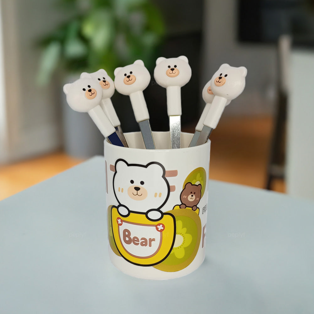 Cartoon Animal Stainless Steel Fruit Fork for kids with holder - Set of 6 Forks