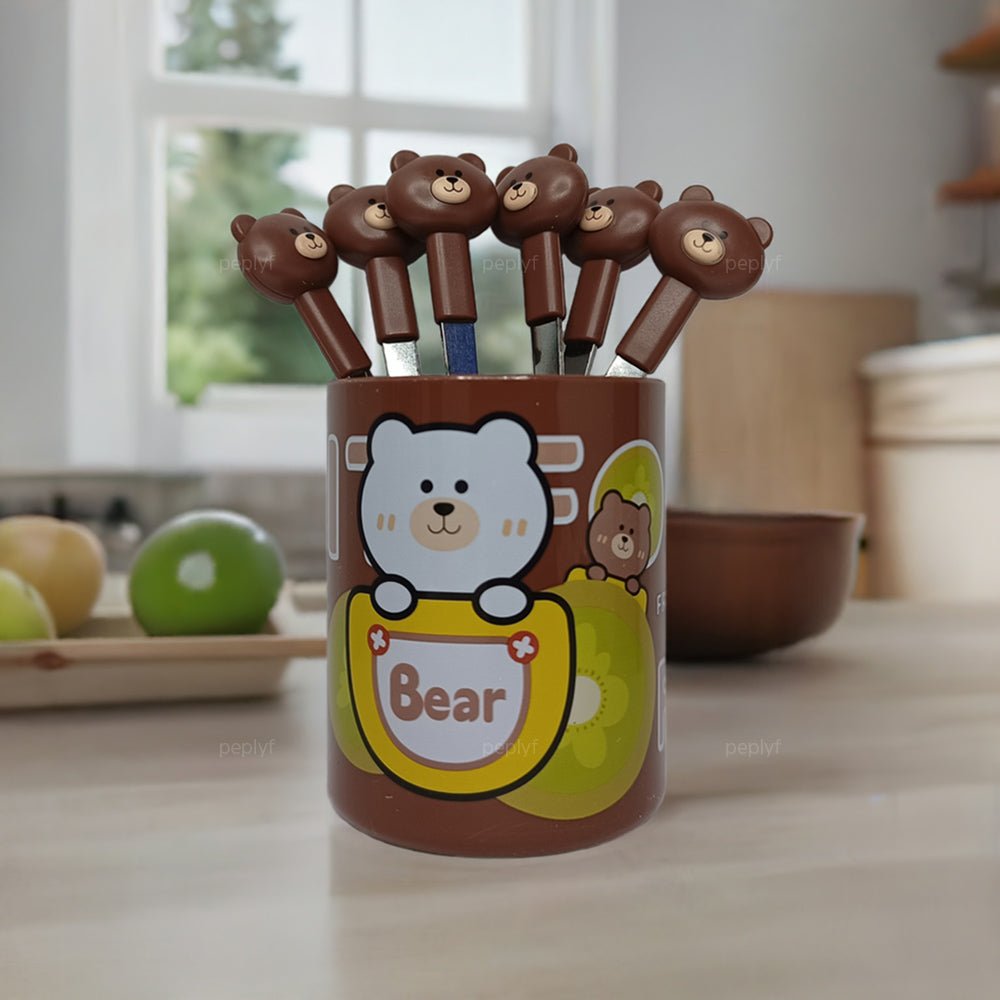 Cartoon Animal Stainless Steel Fruit Fork for kids with holder - Set of 6 Forks