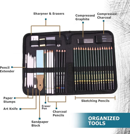 42 Pcs Professional Drawing Sketching Artist Art Tool Kit Art Supplies Pencil for Shading-Gift For Kids Adults Beginner,Graphite Charcoal Medium Set Artists