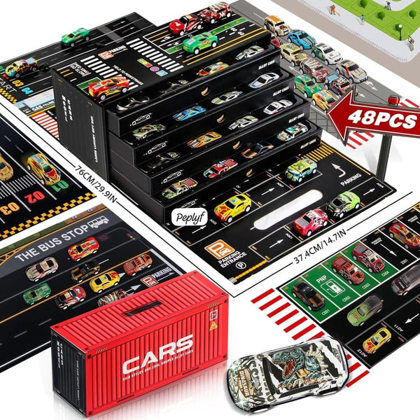 48-Piece Pull Back Car Set, Racing & Toy Vehicles for Kids 3+, Bulk Mini Cars, Learning & Educational Stuffers Mini Cars Toy Trucks, Birthday Gift for Boys & Girls.(Car Container)