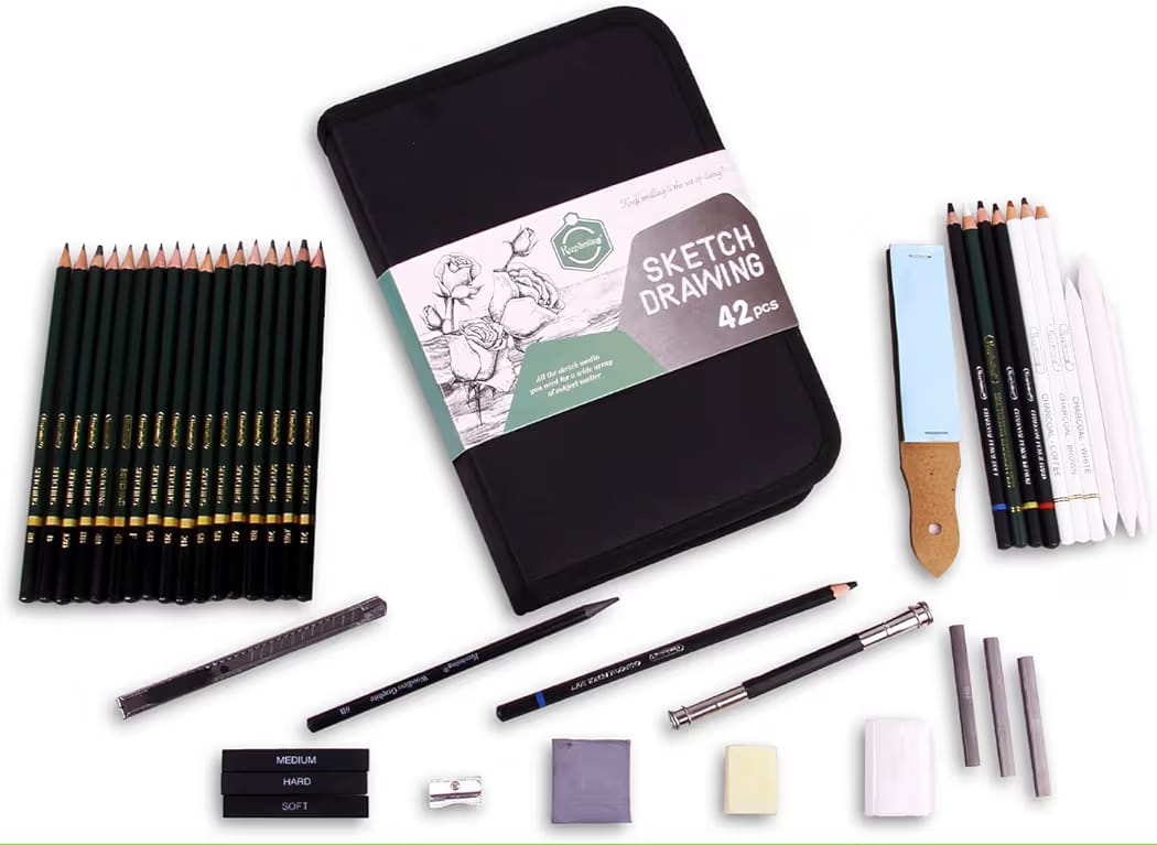 42 Pcs Professional Drawing Sketching Artist Art Tool Kit Art Supplies Pencil for Shading-Gift For Kids Adults Beginner,Graphite Charcoal Medium Set Artists
