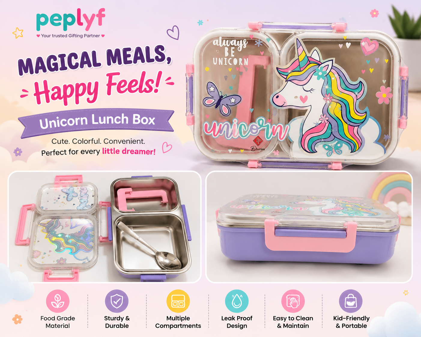 Kids 2-Grid Stainless Steel Lunch Box – Stylish & Compact Lunch Box