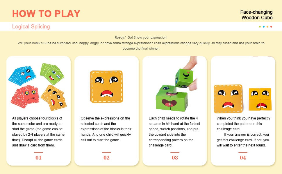 Wooden Emoji Face Changing Cube Puzzle Game Expressions Matching Block Puzzles Building Logical Educational Training Toys 16 Face Blocks & 72 Playing Cards Birthday Gift for Kids Boys Girls