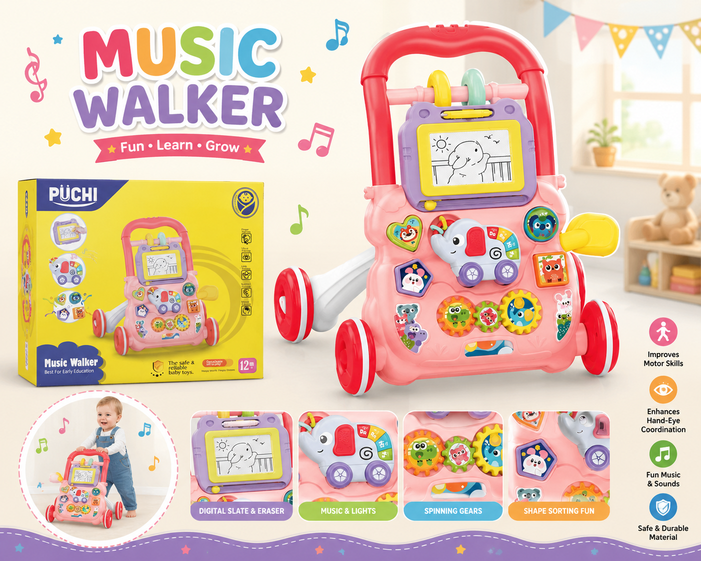 PUCHI 2-in-1 Baby Walker | Sit-to-Stand Learning Walker for 1-Year-Old Boys & Girls | Multifunctional Activity Center with Removable Play Panel | Musical Early Educational Baby Walker Toys