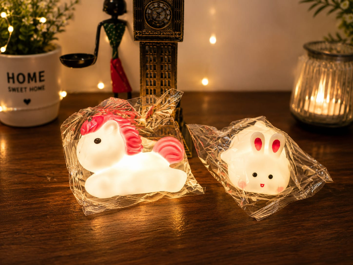 Cute Mini Unicorn & Rabbit (Pack of 2) LED Night Lamp for Kids Bedroom | Battery Operated Soft Silicone Bedside Night Light | Warm White Unicorn Table Lamp, Baby Room, Home Decor & Gift for Boys Girls
