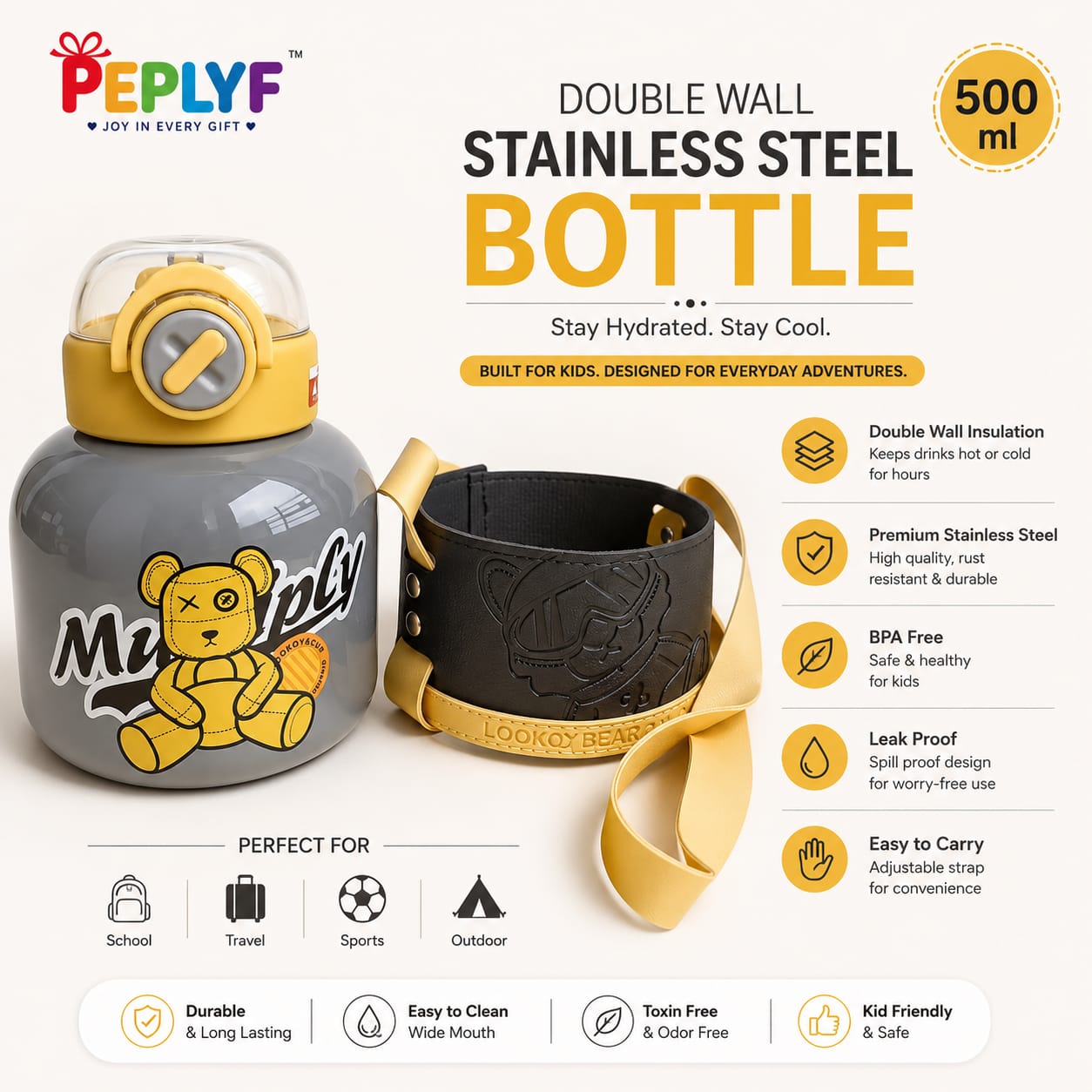 DunDun Sipper Water Bottle 550ml | Stainless Steel | Insulated Double Walled