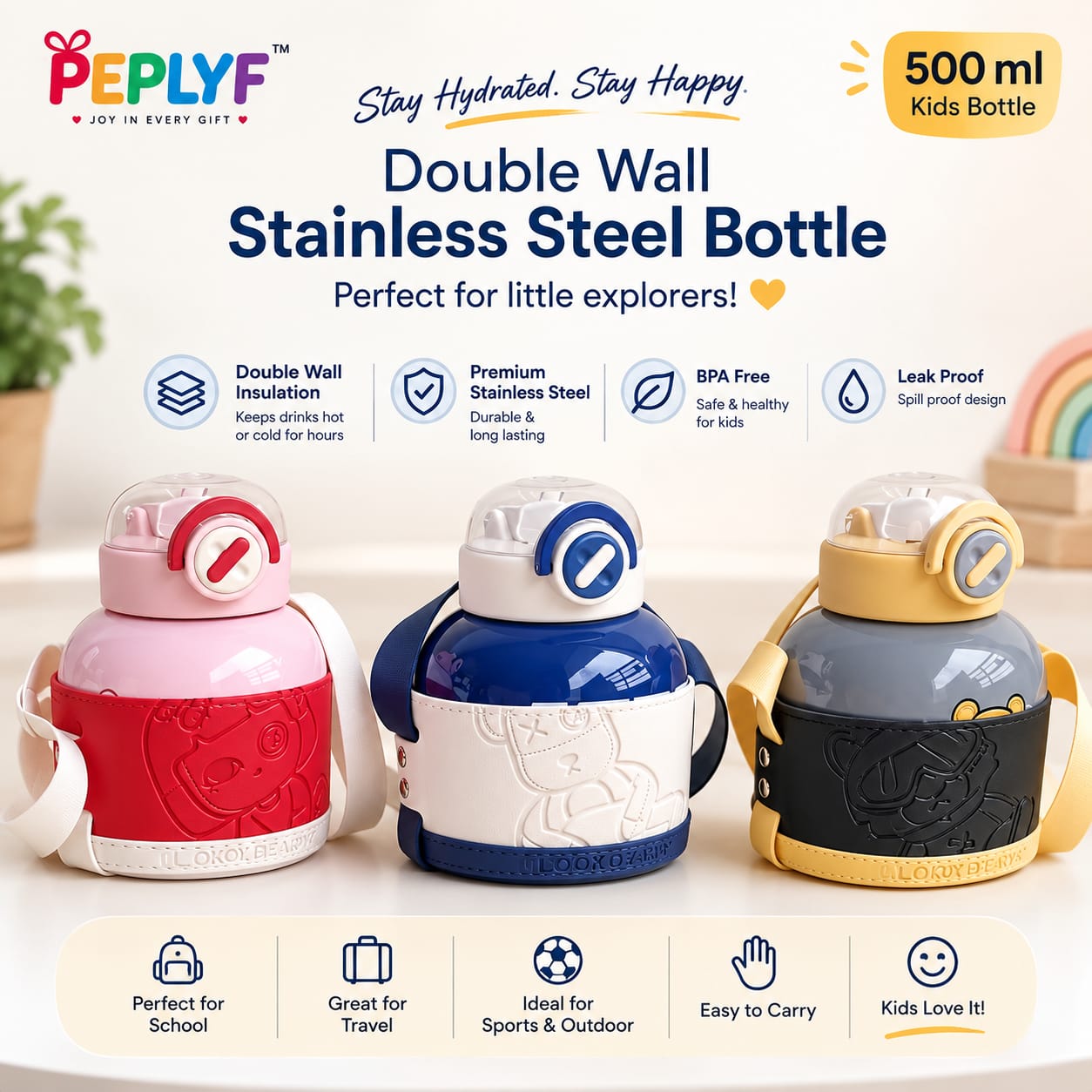 DunDun Sipper Water Bottle 550ml | Stainless Steel | Insulated Double Walled