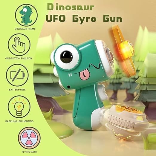 Dinosaur UFO Gyro Gun Toy, 4 Flying Discs and 1 Light-Up Spinning Top, Kids Outdoor Flying Saucer Launcher (Multicolor)