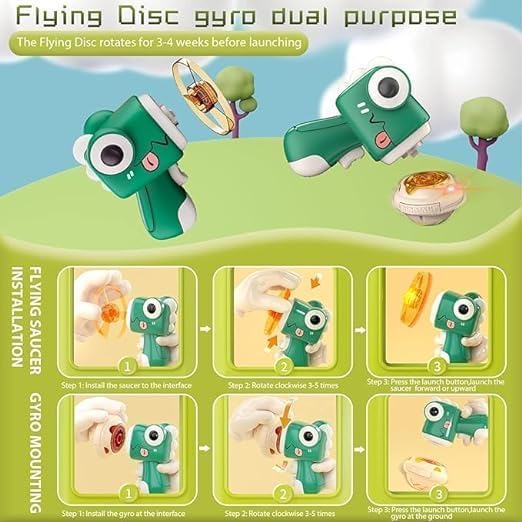Dinosaur UFO Gyro Gun Toy, 4 Flying Discs and 1 Light-Up Spinning Top, Kids Outdoor Flying Saucer Launcher (Multicolor)