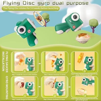 Dinosaur UFO Gyro Gun Toy, 4 Flying Discs and 1 Light-Up Spinning Top, Kids Outdoor Flying Saucer Launcher (Multicolor)