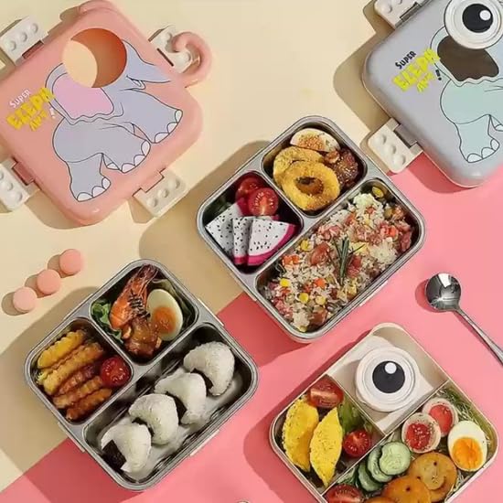 Kids Lunch Box – Stainless Steel Insulated Tiffin for School with Spoon, BPA-Free | Leak-Resistant Bento Box with Tray & Container | Elephant (1120ml)