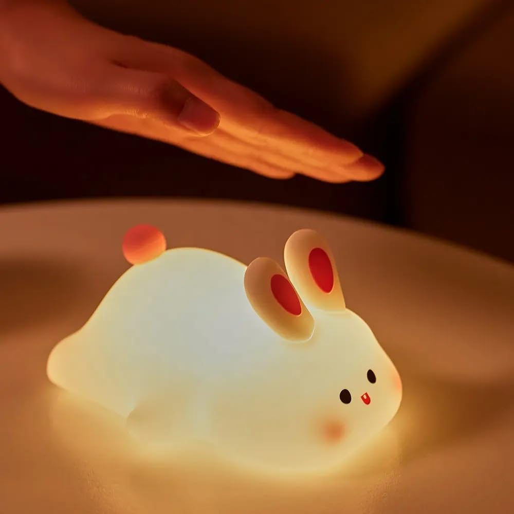 Cute Little Rabbit Silicone Night Lamp, Rechargeable Touch LED Bedside Light for Kids Bedroom, Romantic Decor, Baby Gift
