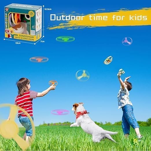 Dinosaur UFO Gyro Gun Toy, 4 Flying Discs and 1 Light-Up Spinning Top, Kids Outdoor Flying Saucer Launcher (Multicolor)
