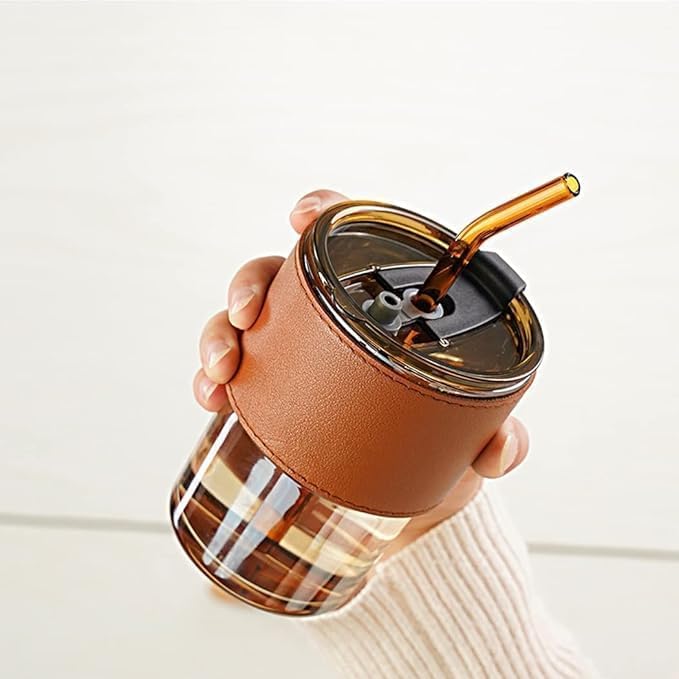 Reusable Glass Coffee Sipper Mugs with Lid & Glass Straw Pack of 1, 400ml (Assorted Colors)