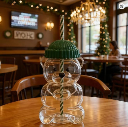 New Glass Bear Cup Bear Straw Cup, 20oz Cute Bears Glass Tumbler with Reusable Straw - Cute Animal Mug for Hot and Cold Drinks, Smoothies, Water, Juice, Travel & Gifts (Green) (P-1)