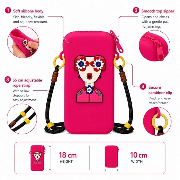 Silicone Mobile Phone Sling Bag for Girls & Women, Cute Cartoon Crossbody Phone Pouch with Adjustable Shoulder Strap, Waterproof Mini Travel Shoulder Bag for Mobile Phone, Cash, Cards & Keys