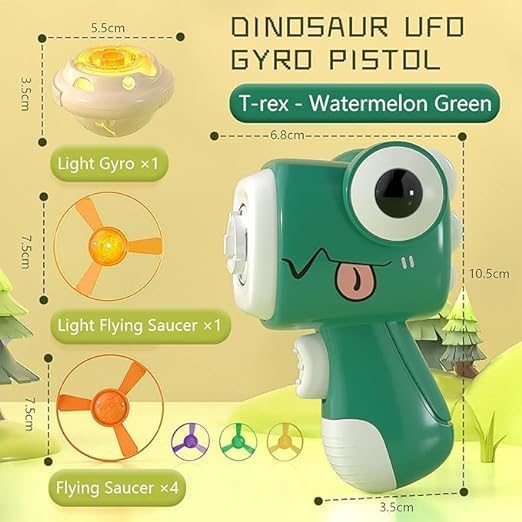 Dinosaur UFO Gyro Gun Toy, 4 Flying Discs and 1 Light-Up Spinning Top, Kids Outdoor Flying Saucer Launcher (Multicolor)