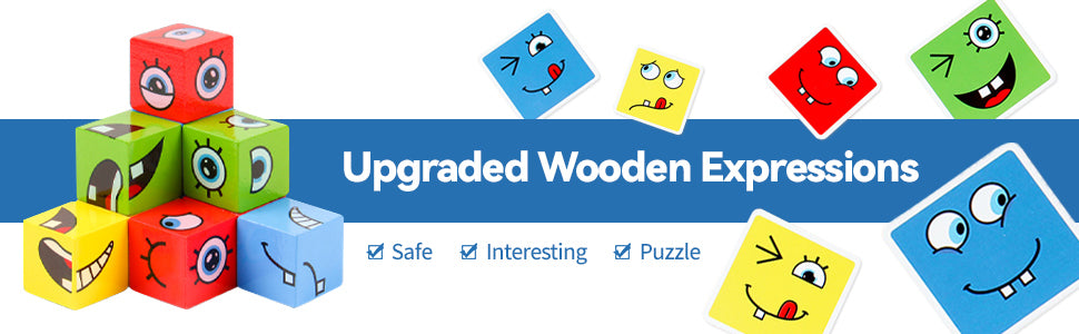 Wooden Emoji Face Changing Cube Puzzle Game Expressions Matching Block Puzzles Building Logical Educational Training Toys 16 Face Blocks & 72 Playing Cards Birthday Gift for Kids Boys Girls