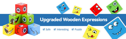 Wooden Emoji Face Changing Cube Puzzle Game Expressions Matching Block Puzzles Building Logical Educational Training Toys 16 Face Blocks & 72 Playing Cards Birthday Gift for Kids Boys Girls
