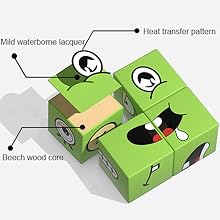 Wooden Emoji Face Changing Cube Puzzle Game Expressions Matching Block Puzzles Building Logical Educational Training Toys 16 Face Blocks & 72 Playing Cards Birthday Gift for Kids Boys Girls
