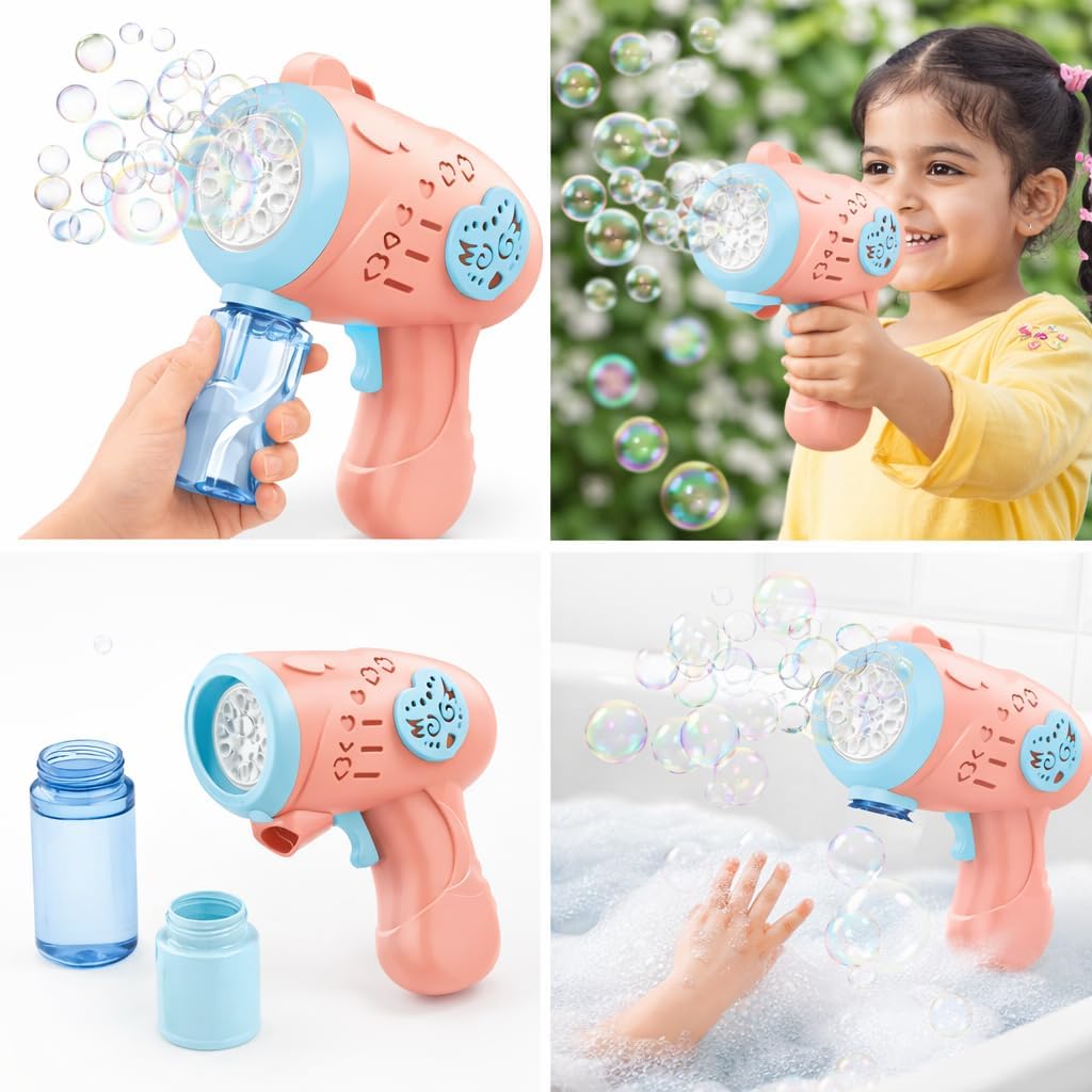 Automatic Colour Bubble Gun for Kids Toddlers + 4 AA Alkaline Cells, 10000+ Bubbles Per Minute Leak-Proof, Birthday Gift Summer Toy for Boys and Girl Gun (Bubble Machine)