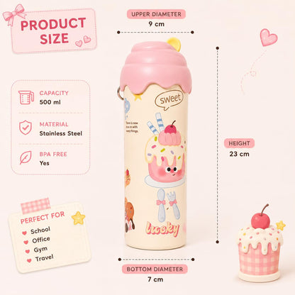 Cute Icecream Mini Tumbler – 500ml Stainless Steel Double-Walled Travel Mug – Leak-Proof, BPA-Free with Straw – Perfect for School & Outdoor Use