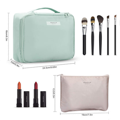 Small Travel Fashion Cosmetic Organizer Bag with Detachable Pouch, Super Soft Makeup Organiser Bag for Brushes, Toiletries, Cosmetics Items for Women (Green)
