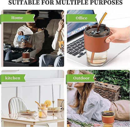 Reusable Glass Coffee Sipper Mugs with Lid & Glass Straw Pack of 1, 400ml (Assorted Colors)