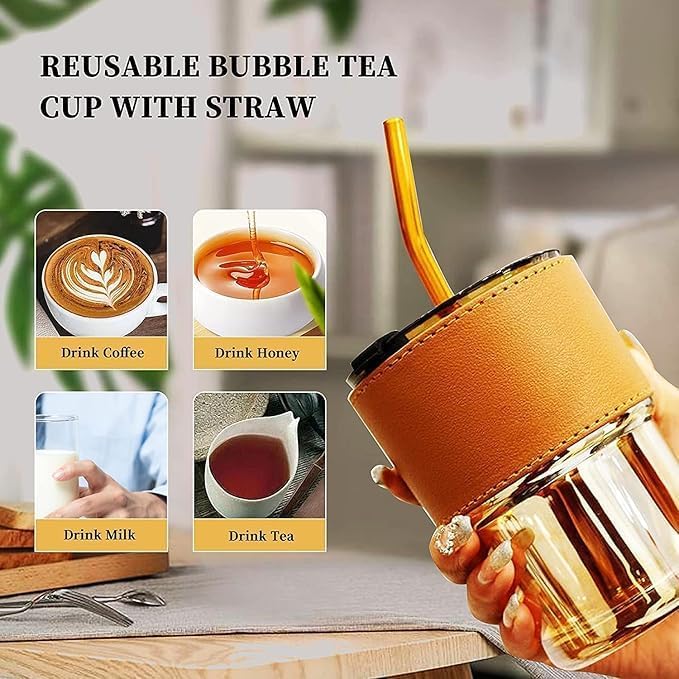 Reusable Glass Coffee Sipper Mugs with Lid & Glass Straw Pack of 1, 400ml (Assorted Colors)
