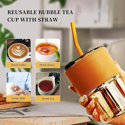 Reusable Glass Coffee Sipper Mugs with Lid & Glass Straw Pack of 1, 400ml (Assorted Colors)