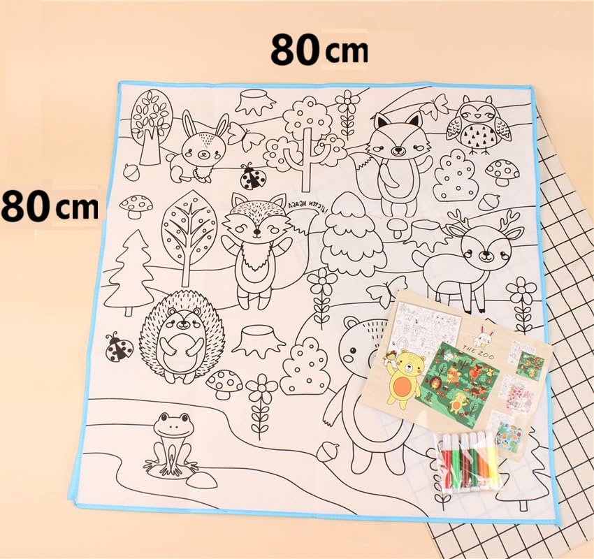 Water Drawing Mat for Kids, 80 x 80 cm, Reusable Colouring Mat, Washable Painting Mat with 6 Sketch Pens [Assorted Prints]