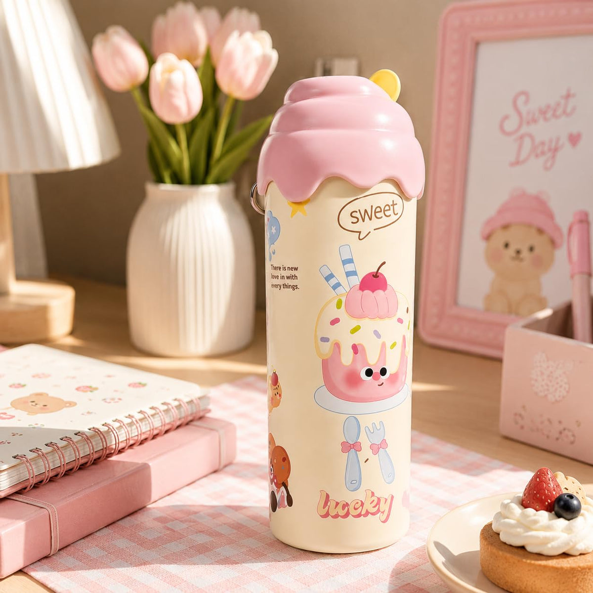Cute Icecream Mini Tumbler – 500ml Stainless Steel Double-Walled Travel Mug – Leak-Proof, BPA-Free with Straw – Perfect for School & Outdoor Use