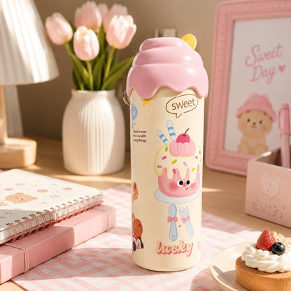 Cute Icecream Mini Tumbler – 500ml Stainless Steel Double-Walled Travel Mug – Leak-Proof, BPA-Free with Straw – Perfect for School & Outdoor Use