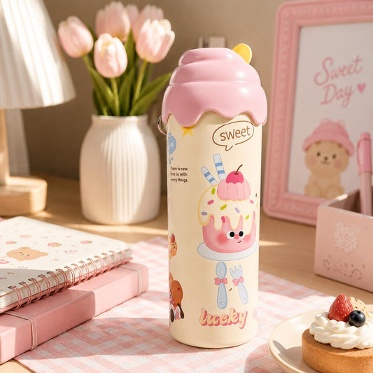 Cute Icecream Mini Tumbler – 500ml Stainless Steel Double-Walled Travel Mug – Leak-Proof, BPA-Free with Straw – Perfect for School & Outdoor Use