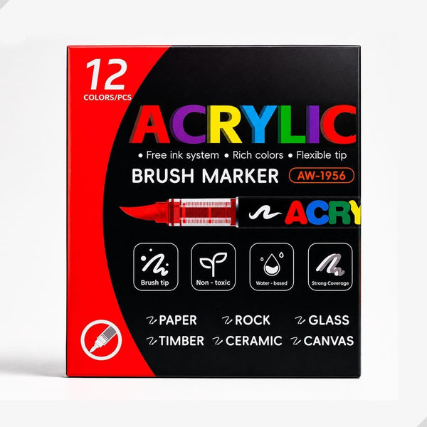 12-Color Acrylic Marker Pen Set – Soft Brush Tip, Quick-Drying