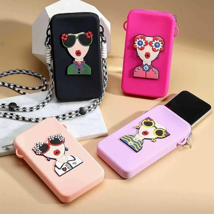 Silicone Mobile Phone Sling Bag for Girls & Women, Cute Cartoon Crossbody Phone Pouch with Adjustable Shoulder Strap, Waterproof Mini Travel Shoulder Bag for Mobile Phone, Cash, Cards & Keys