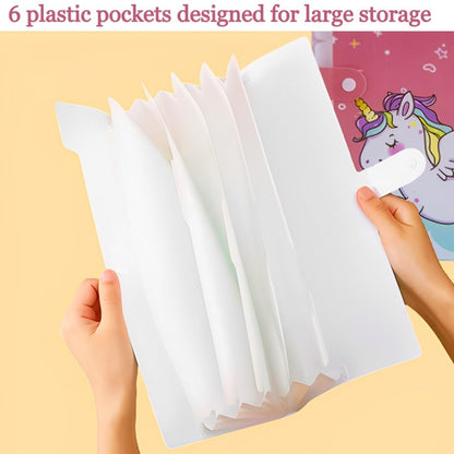 Kids A4 File Folder with Button Lock | Cartoon Theme 6-Pocket Expandable Organizer for Certificates & Test Papers | Assorted prints(Pack of 1)