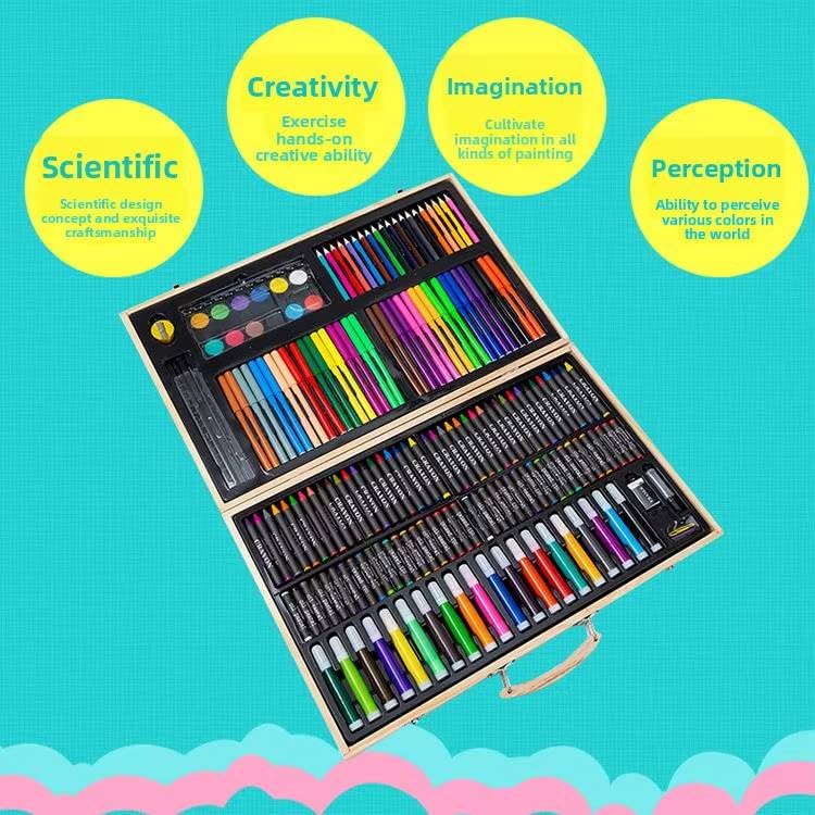 180 Piece Deluxe Art Kit with Oil Pastels, Crayons, Coloured Pencils, Acrylic Paint, Wooden Case, for Kids, Girls and Boys