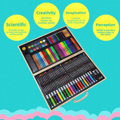 180 Piece Deluxe Art Kit with Oil Pastels, Crayons, Coloured Pencils, Acrylic Paint, Wooden Case, for Kids, Girls and Boys