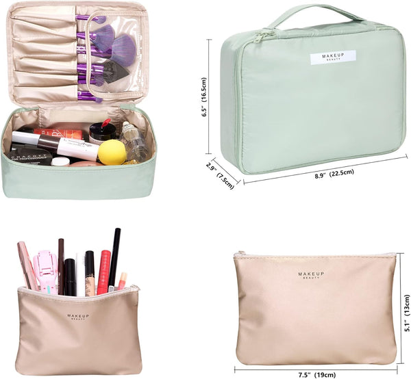 Small Travel Fashion Cosmetic Organizer Bag with Detachable Pouch, Super Soft Makeup Organiser Bag for Brushes, Toiletries, Cosmetics Items for Women (Green)