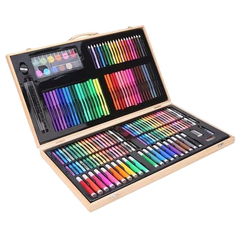 180 Piece Deluxe Art Kit with Oil Pastels, Crayons, Coloured Pencils, Acrylic Paint, Wooden Case, for Kids, Girls and Boys