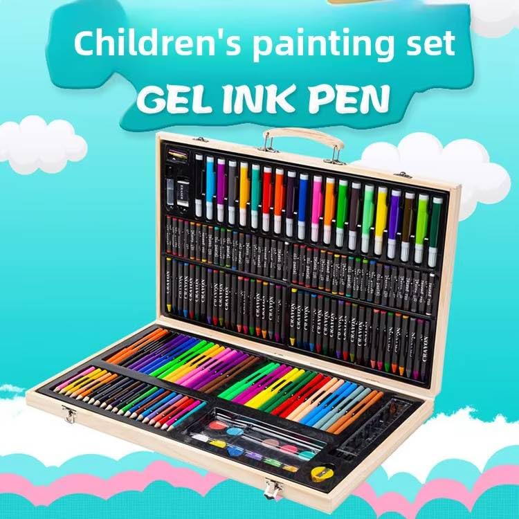 180 Piece Deluxe Art Kit with Oil Pastels, Crayons, Coloured Pencils, Acrylic Paint, Wooden Case, for Kids, Girls and Boys