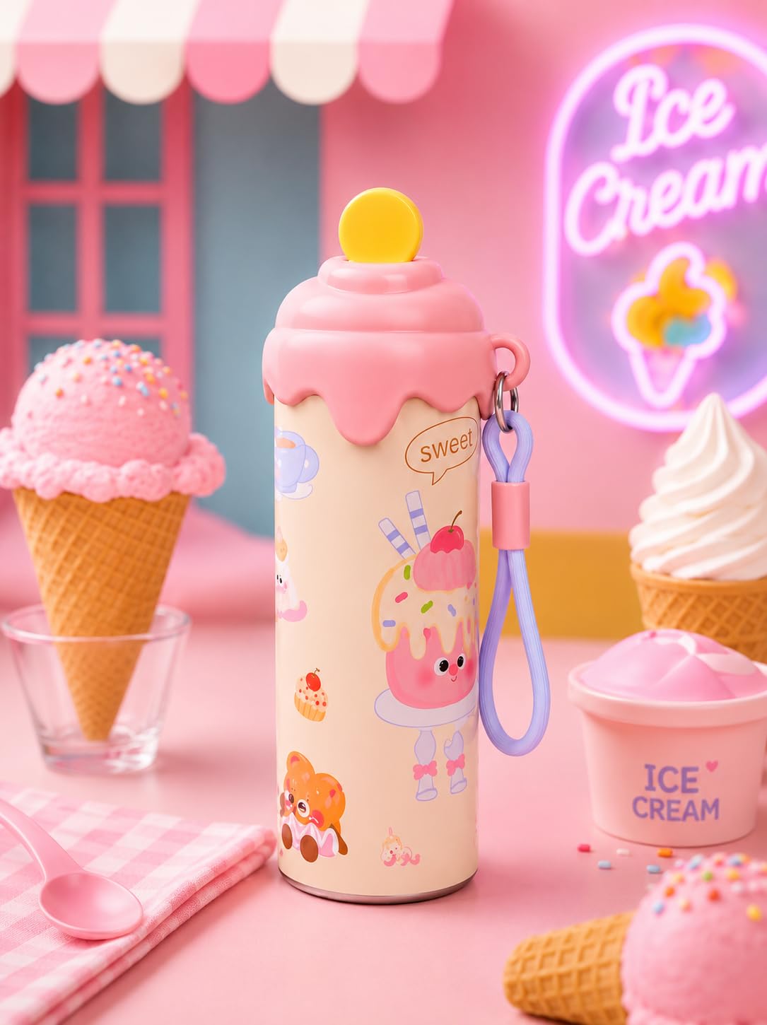 Cute Icecream Mini Tumbler – 500ml Stainless Steel Double-Walled Travel Mug – Leak-Proof, BPA-Free with Straw – Perfect for School & Outdoor Use