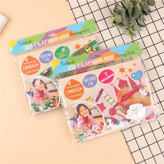 Water Drawing Mat for Kids, 80 x 80 cm, Reusable Colouring Mat, Washable Painting Mat with 6 Sketch Pens [Assorted Prints]