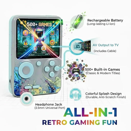 Game Box 500 in 1 Retro Handheld Gaming Console with Color Screen, Rechargeable Battery & TV AV Output | Pocket Video Game for Kids & Adults