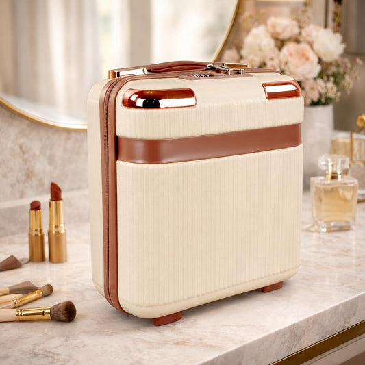 Travel Make up Train Case, Waterproof Portable Hard Shell Cosmetic Case, Cosmetic Case Mini Suitcase Vanity Box for Makeup Hand Luggage with Handle & Elastic Band, Flight Use